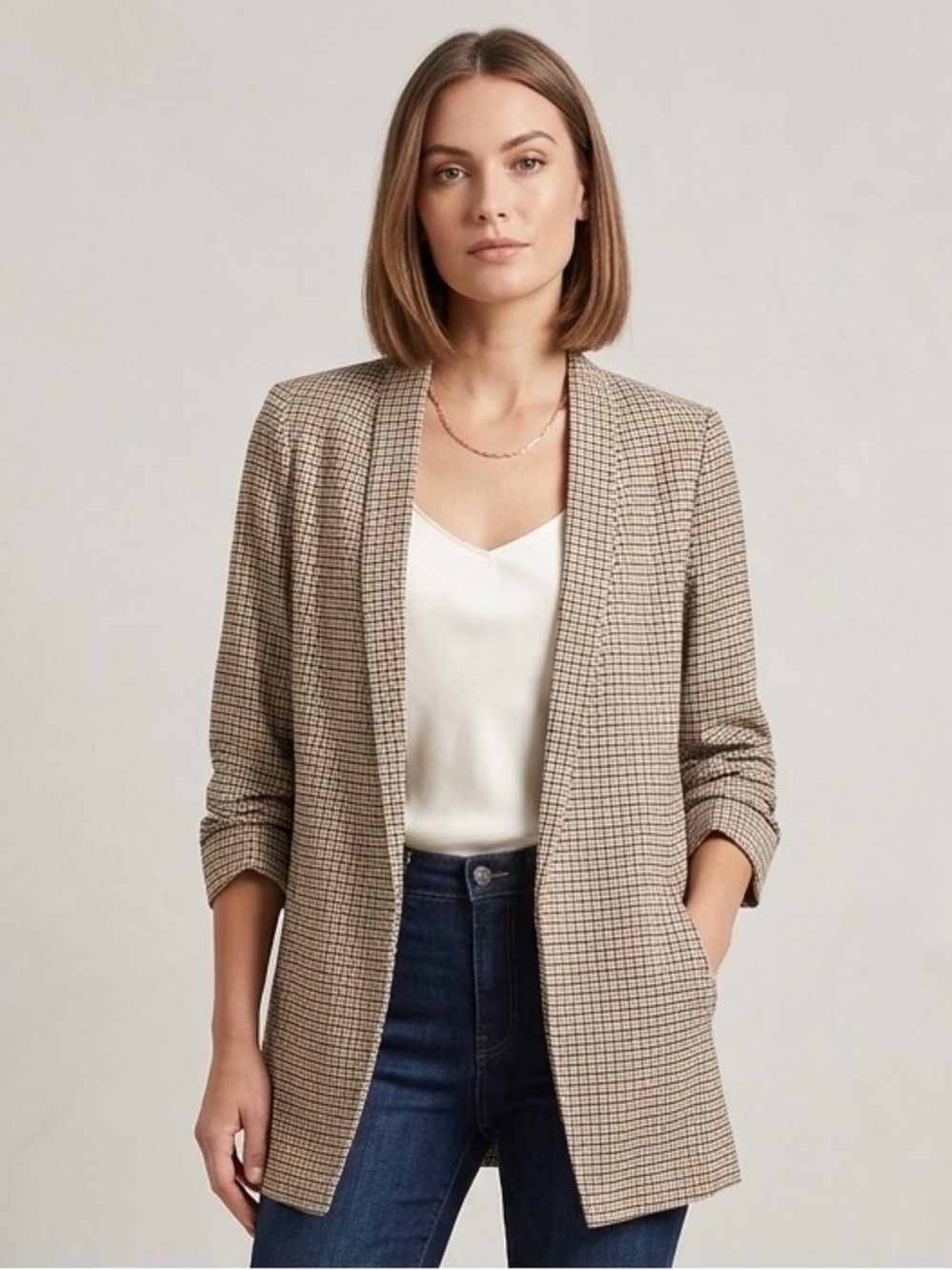 Aritzia Babaton Sz 4 Power Micro Plaid Brown Tan Open Front Academia Blazer